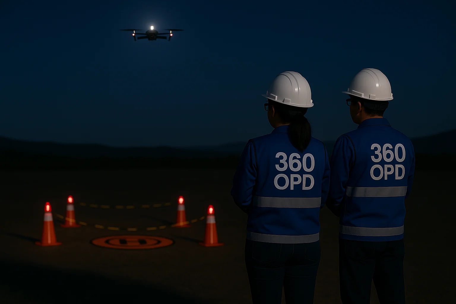 Operadores de dron 360 OPD en capacitación nocturna observando un RPA en vuelo con luces de seguridad, conos reflectantes y zona de aterrizaje delimitada.