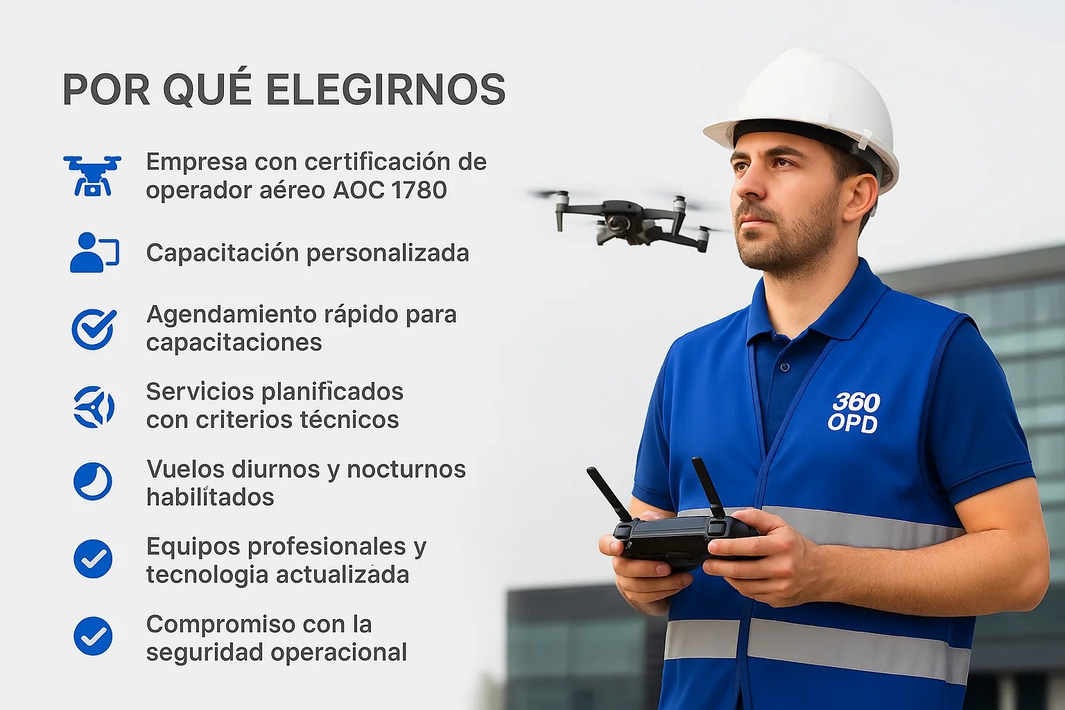 Operador de dron de 360 OPD SPA con casco blanco y chaleco azul corporativo durante operación aérea, representando los motivos para elegir nuestros servicios certificados y personalizados.
